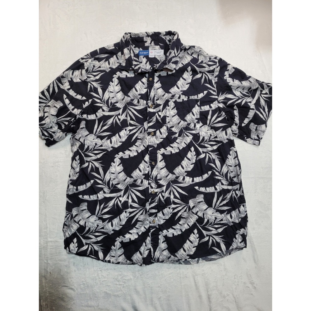 Old Navy Button Front Shirt Mens XXL Tall‎ Black White Tropical Palm Leaf